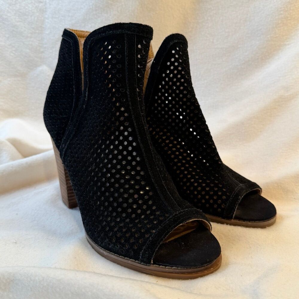 Lucky Brand Women's 9 Black Suede Peep Toe Studded Booties Perforated Block Heel